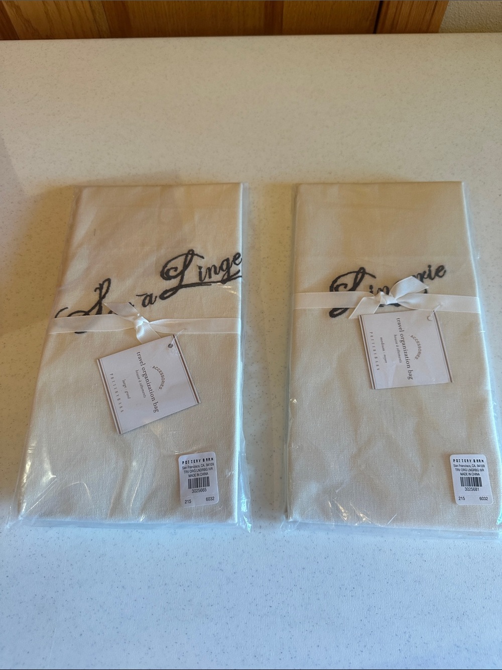Pottery Barn Set of 2 Embroidered Cream Linen Travel (laundry) Bags